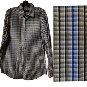 Kenneth Roberts Platinum Cotton Oxford Grey Blue Plaid Long Sleeve Shirt EUC szL